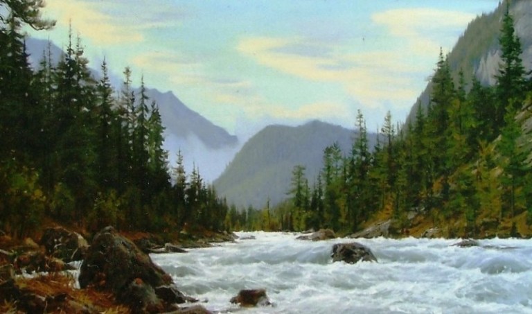 lukisan pemandangan gunung dan sungai