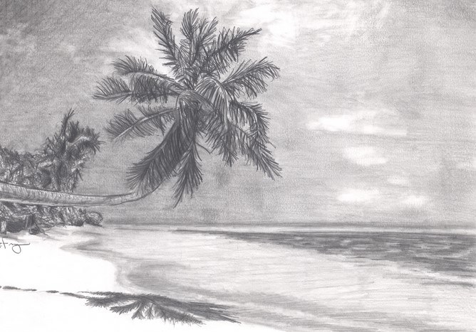 lukisan pemandangan pantai menggunakan pensil