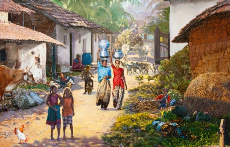 lukisan pemandangan rumah kampung