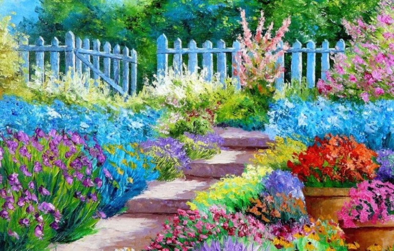 lukisan pemandangan taman bunga