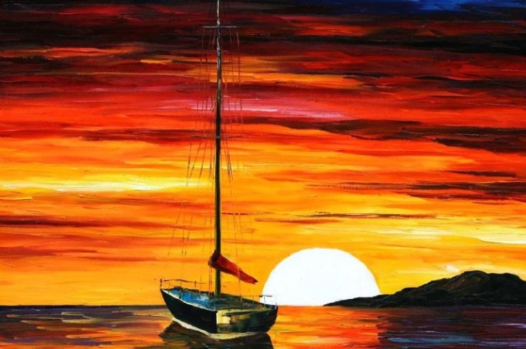 lukisan pemandangan sunset