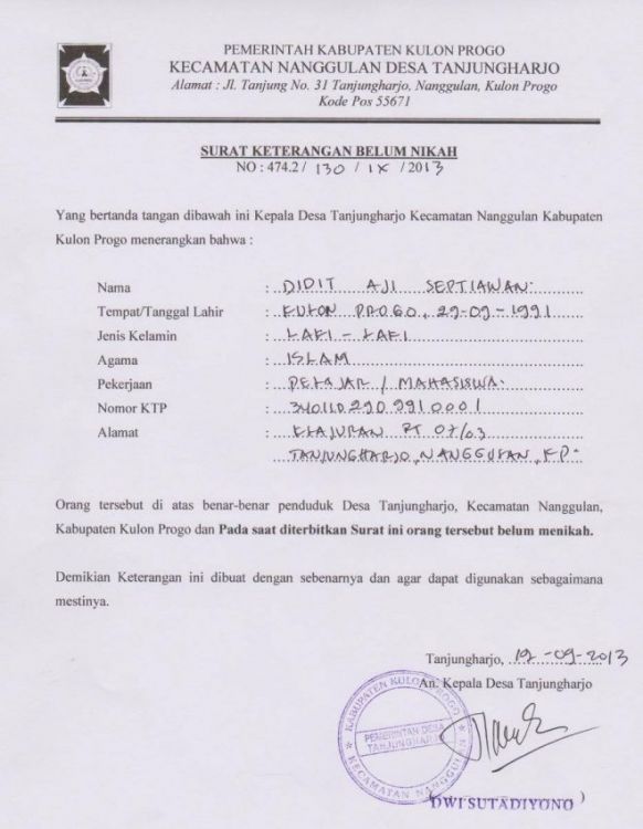 contoh surat keterangan belum menikah dari kepala desa