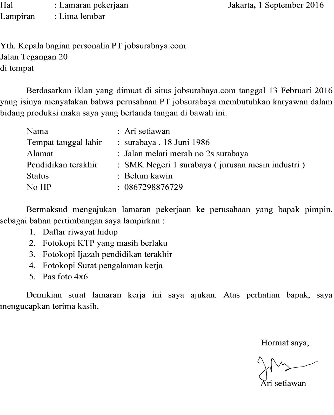 surat lamaran kerja iklan