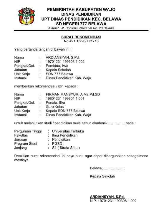 Contoh Surat Rekomendasi Kepala Sekolah Menerima Guru Doc