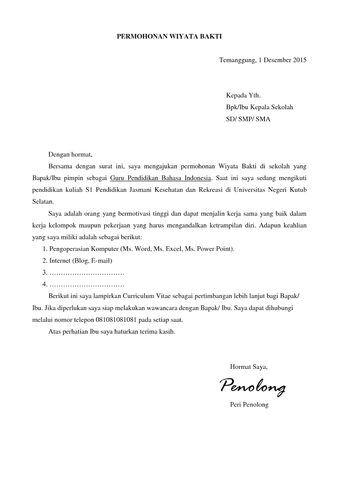 contoh surat lamaran kerja berbahasa indonesia